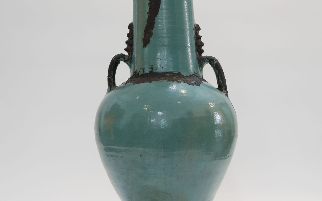 LARGE DISTRESSED TURQUOISE VASE WITH HANDLES