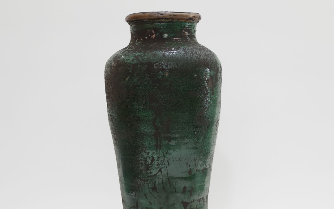 DISTRESSED GREEN AND COPPER VASE WITH METAL DETAIL 2