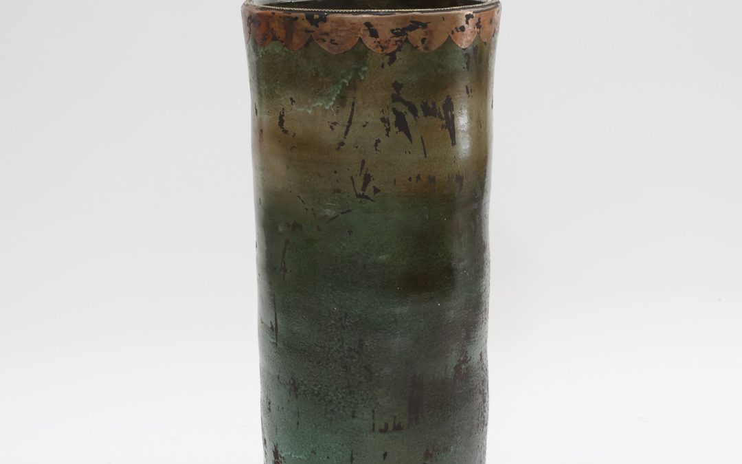 DISTRESSED GREEN AND COPPER VASE WITH METAL DETAIL 3